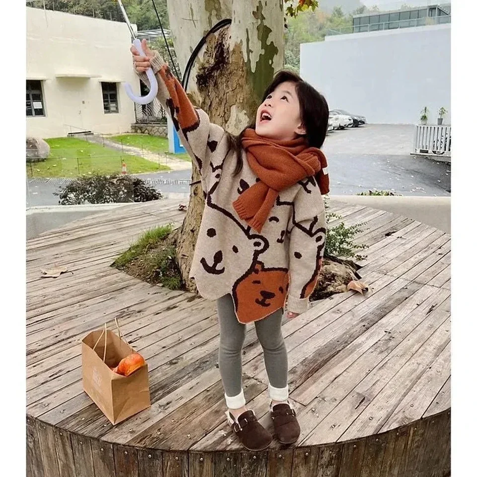 Jesenné detské pletené tlač Panda Sweater For Girls nepravidelný o krk vianočný sveter batoľa batoľa detské pullovery srsť 6 8 12