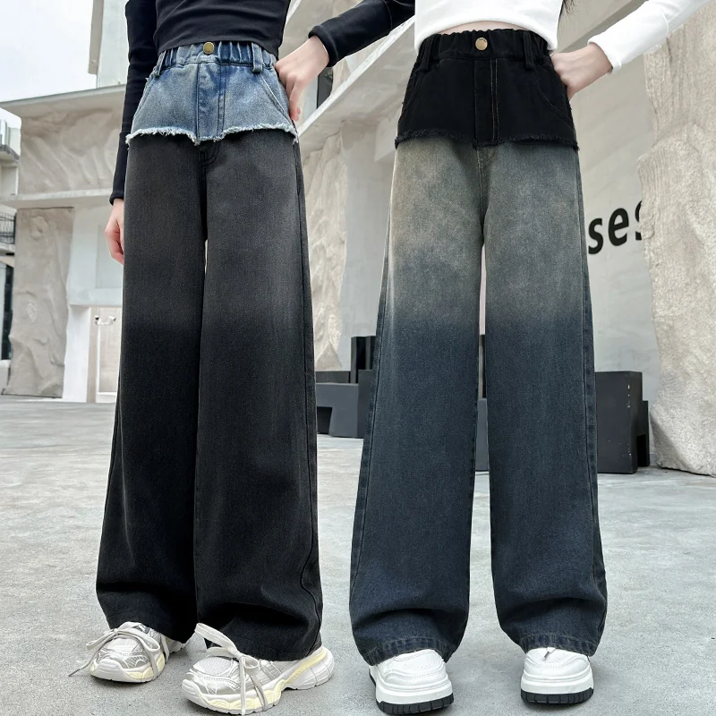 Jesenné dospievajúce dievčatá Gradient džínsové nohavice široké nohavice 8 10 12 14 Junior Kids Jeans Deti zostrihajúce pásy nohavice mládežnícke oblečenie
