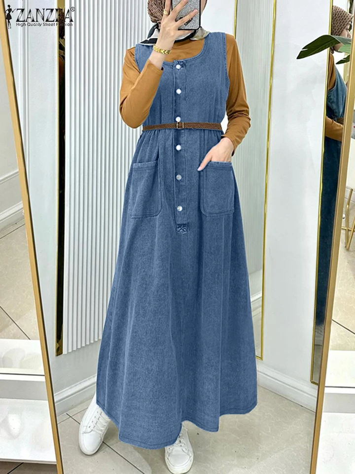 Jesenné kombinézy šaty Zanzea Moslim Dubai Turecko Abaya šaty ruko letné ženy bez rukávov Denim Blue Sundress Príležitostný podväzok