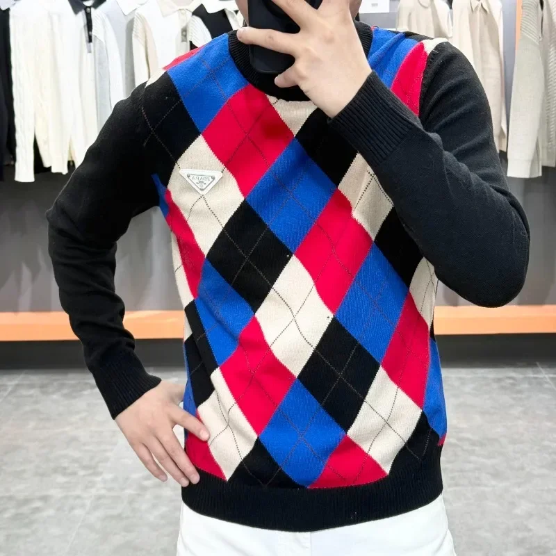 Jesenné mužské kontrastné posádky krk sveter Trend voľné príležitostné pletené plôch Jacquard Pullover Nadmerné pletenie Tops topy
