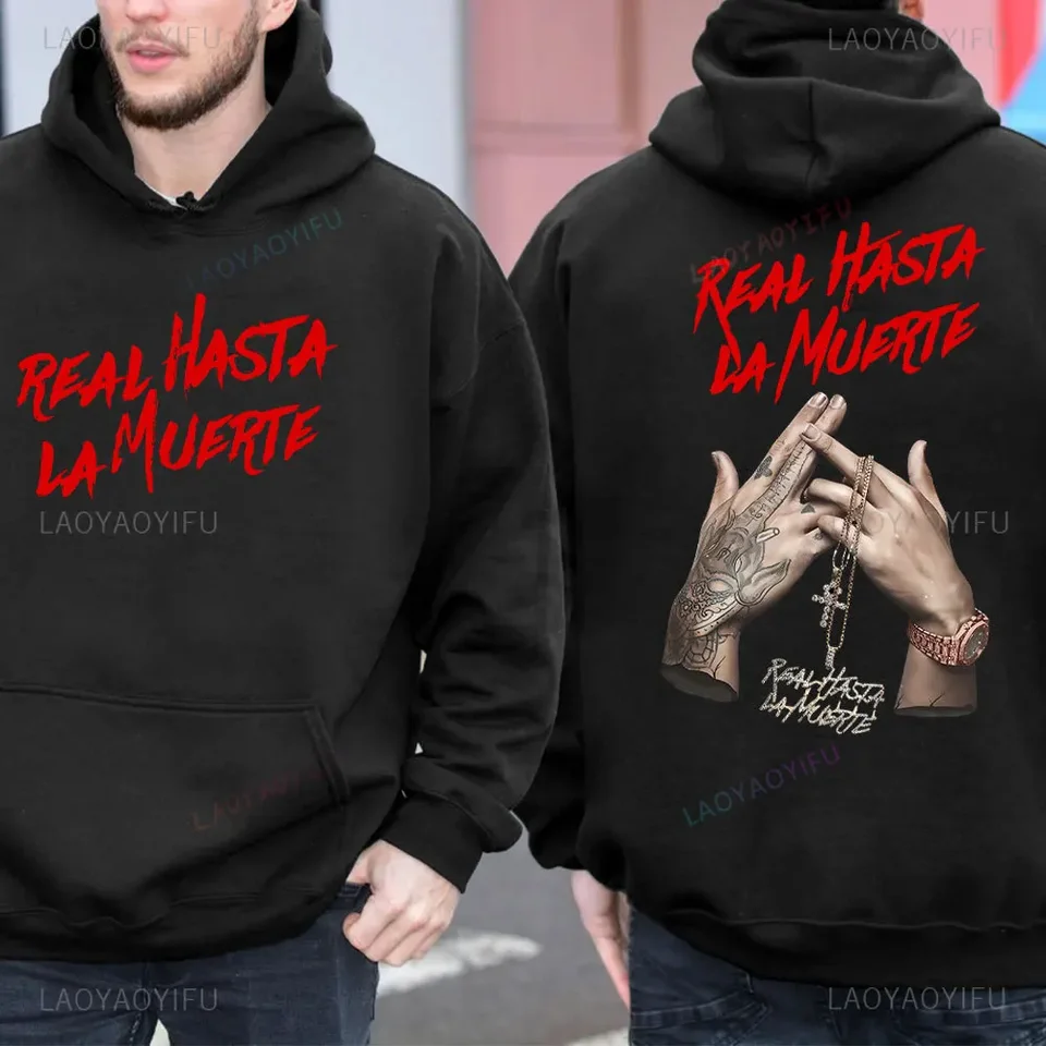 Jesenné mužské mikiny Auel AA Real Hasta la Muerte Print Mikiny Streetwear Rapper Loose Pullover Príležitostné vrcholy s kapucňou