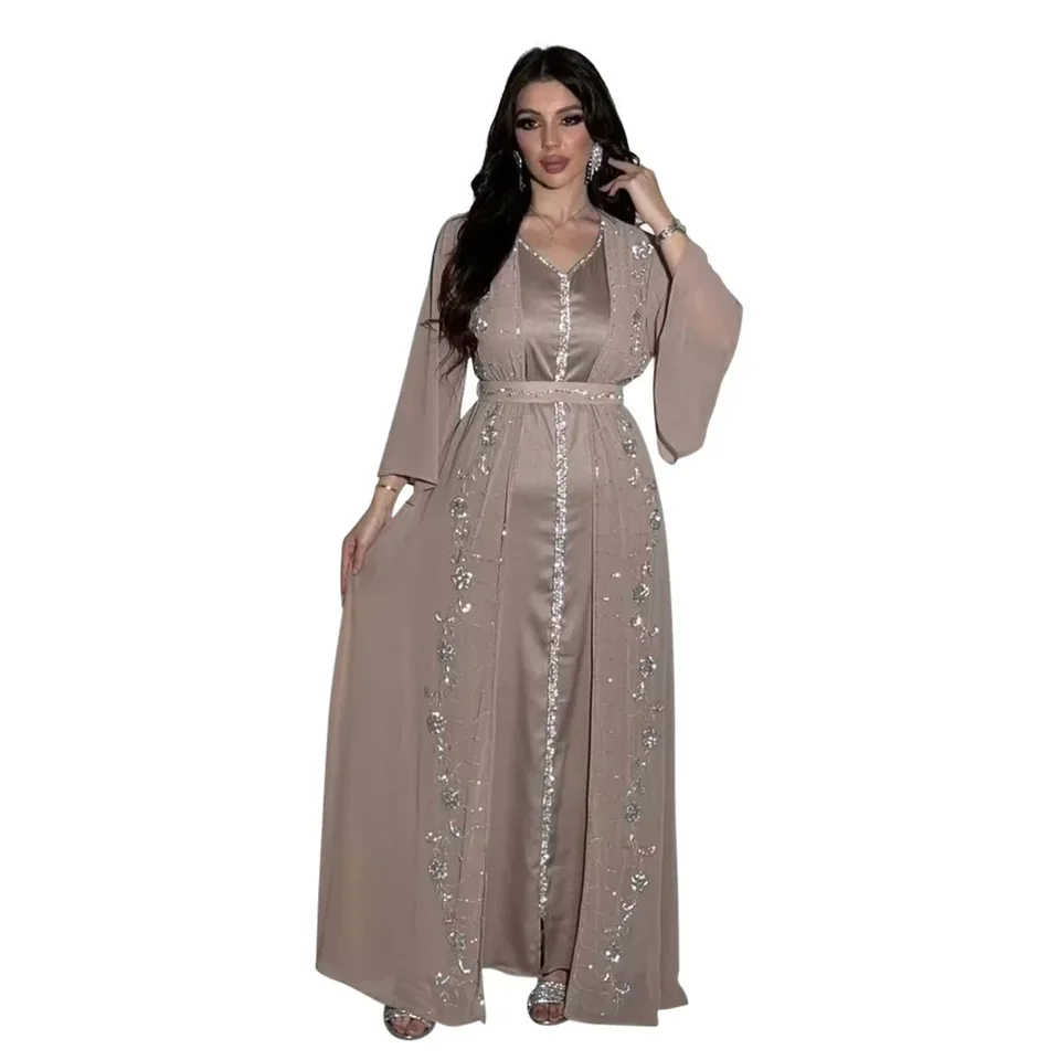 Jesenné módy Moslimské šaty pre ženy moslimské s dlhým rukávom V-krk Večer dlhé šaty obleky Vnútorné a Abaya Outfits
