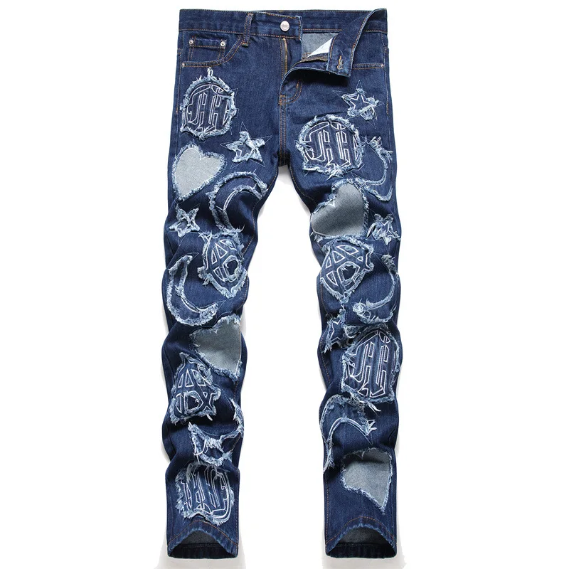 Jesenné vyšívané mužské modré klasické džínsy Mid-Wauist Slim Denim Pencil Pants Hip Hop Torn Fashion Clothing