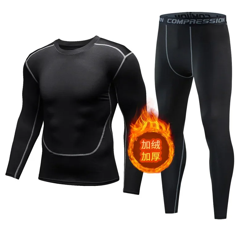 Jesenné zimné mužské bežecké súpravy teplé fleece tesné športové košele topánky + nohavice na legggingové nohavice Mužské školenie Fitness Gym Sportswear