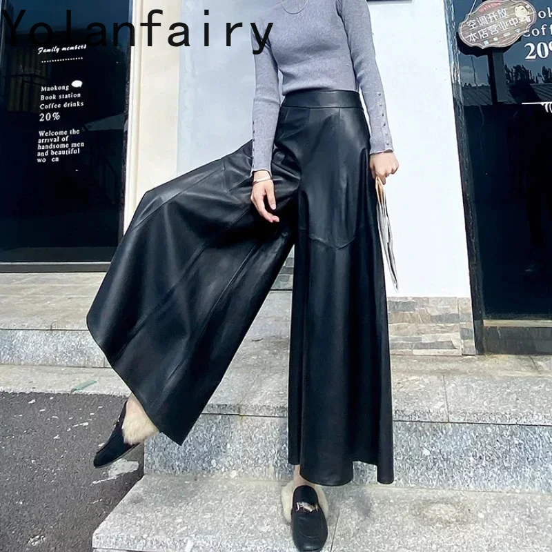 Jesenné zimné nohavice na široké nohavice Ženy Originálne kožené nohavice uvoľnené nohavice A-line pre ženy 2024 Vysoký pás Pants Kórejské streetwear