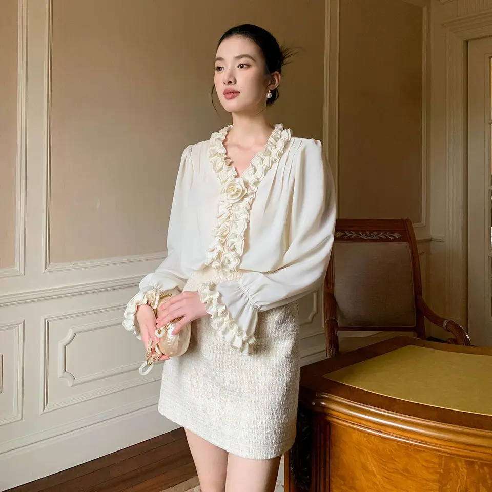 Jesenné zimné temperamenty voláre jasnú líniu dekorácie blúzka Lady elegantné plné farby voľné svetlice módne košele