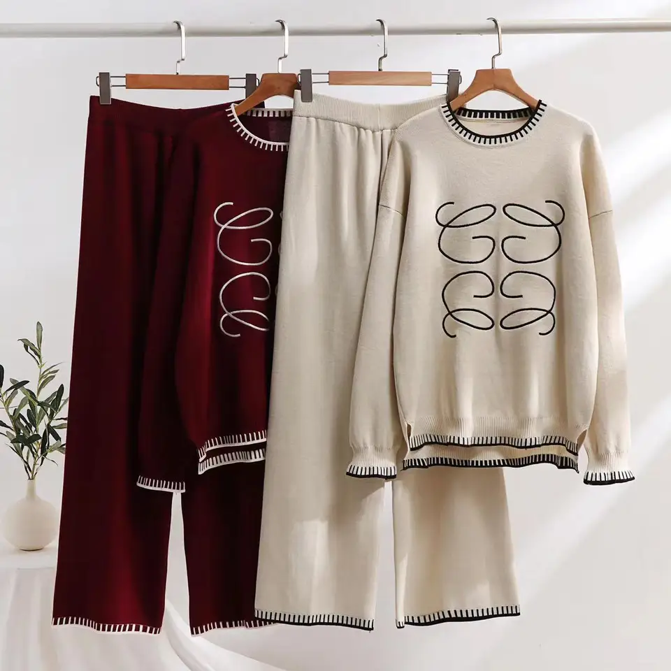 Jesenné zimné trasové ukazovatele Vyšívané pletené 2 kusové sveter Sety Wool Pullover Tops Tops Elastic s vysokým pásom so širokopásnymi nohavicami