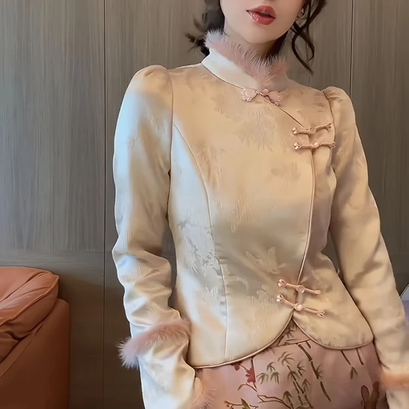 Jesenné zimné ženy kožušina Patcwork Dobby kvetinové béžové béžové košele cheongsam, žena štíhly čínsky štýl Jacquard béžové topy košele