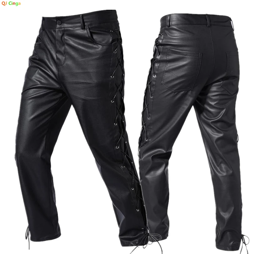 Jesenné čierne Pans Pants Pánske kožené nohavice pre mužné kožené nohavice Červené módne nohavičky Lace-Up Tink na ľavej a pravej strane S-4XL 5XL