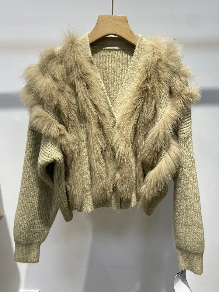 Jesenné ženy Camel Real Fox Fox Fur Decorácie pletenie zimné srsťový kabát sveter s dlhým rukávom