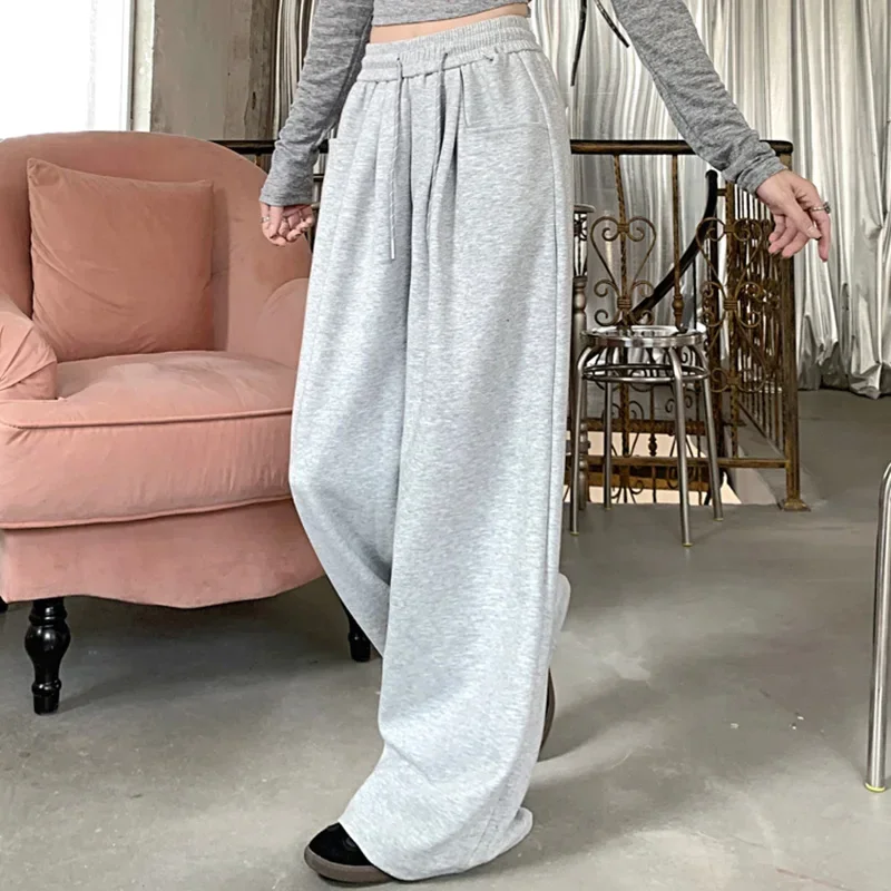 Jesenné ženy Chic Grey Navy Blue Loose Vysoký pás Dlhé nohavice Lady Kórejský štýl všestranný šnúrka Široké nohavičky