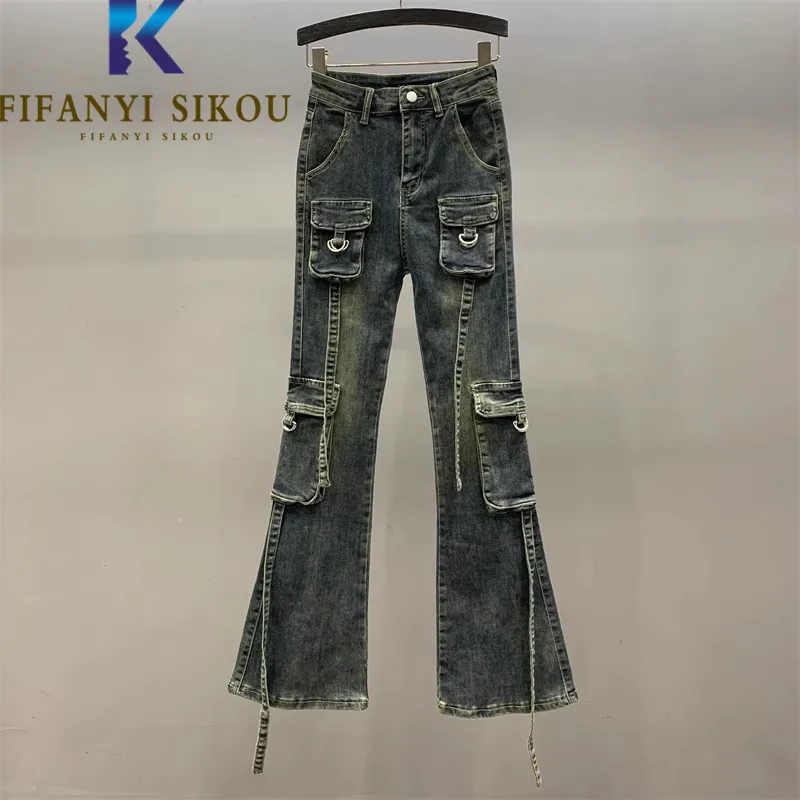 Jesenné ženy natiahnite džínsy Viacnásobné vreckové móda vysoký pás džínsové džínsové nohavice Lace Up Slim Cargo Pants Washed Džínsy Žena