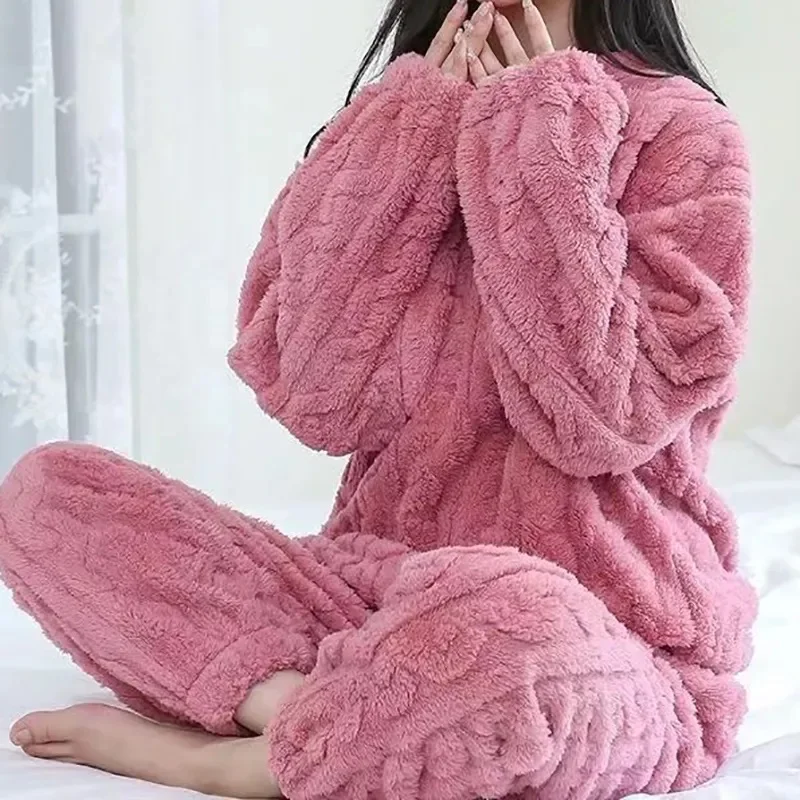 Jesenné ženy Pevné teplé zahusťované zamatové rebrované fleecové súpravy Pullover a nohavice Ženy Cast Pajama Sety 2024