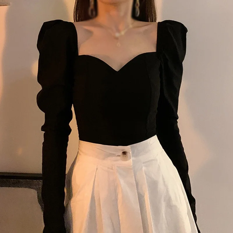 Jesenné ženy Vintage Elegantné košele Puff Ruckve Square Collar Blajedes Office Lady Kórejský čierny elegantný štíhle príležitostné topánky
