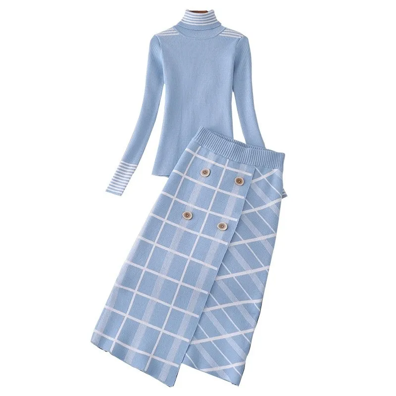 Jesenný dizajnér Lady Sweater Dvojdielny set Zimné štíhle vysoký krk pletený horný pullover Plaid Plaid
