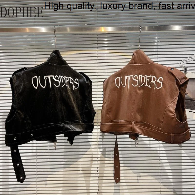 Jeseň 2023 Nový módny list výšivka Motocyklová bunda Streetwear bez rukávov vesty Crop Crop Matte Leather Outwear
