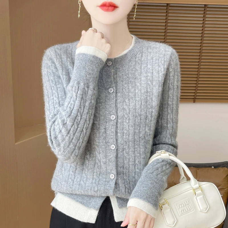 Jeseň a zima nová 100% merino vlnená dámska farba okrúhly krk Farba Falošné dva kardigan voľné twist cashmere sveter