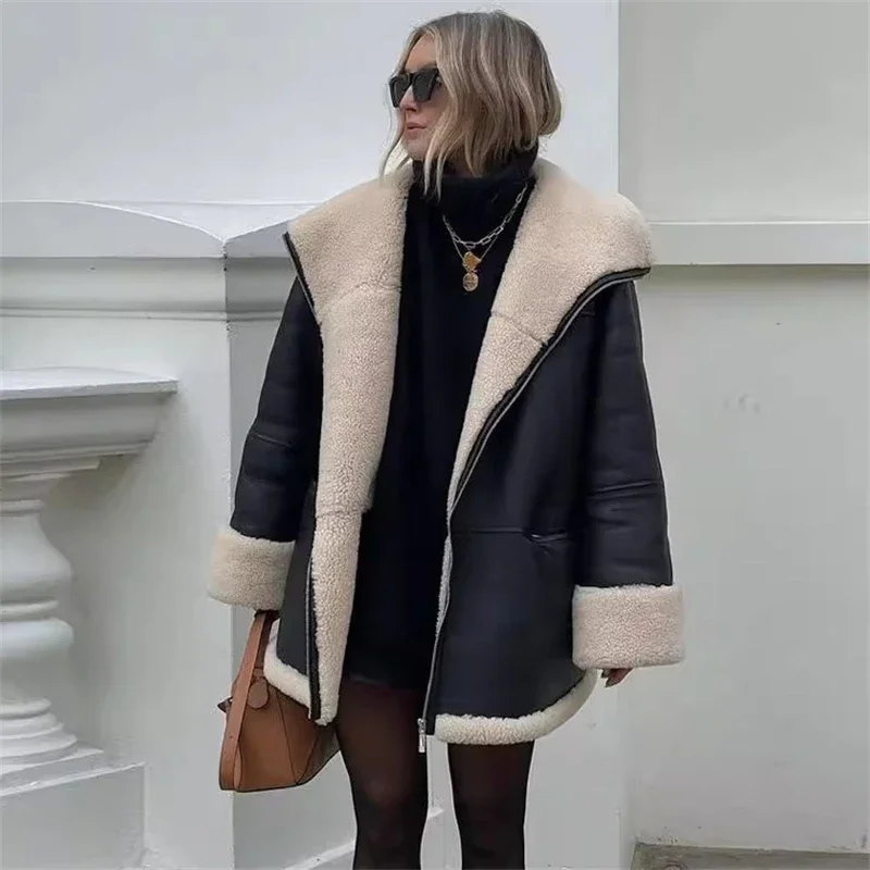 Jeseň a zima nová dámska kašmítka Cashmere Composite Leather Cashoste Bunda
