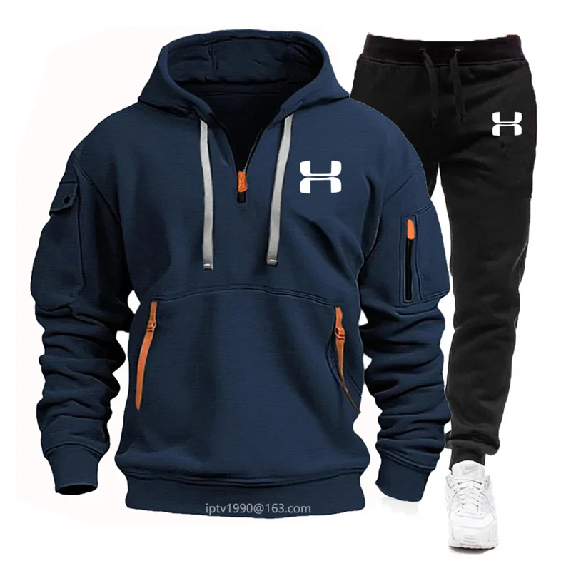 Jeseň a zima nová mužská multiprecková zipsová módna kapucňa s dlhým rukávom + neformálne nohavice 2-dielne fitness jogging Suit