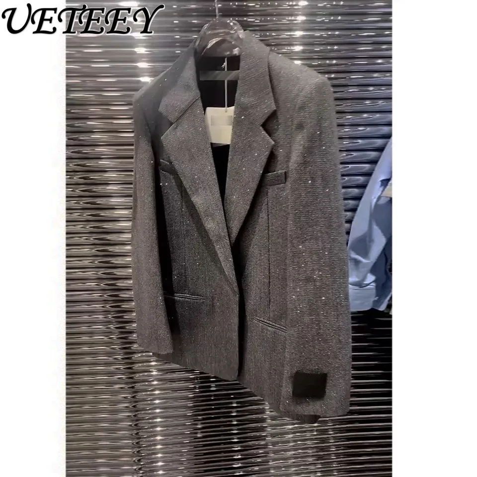Jeseň a zima nová móda High-end Heavy Priemysel s dlhým rukávom Blacking bunda Hot Diamond Grey Silhouette Coat pre ženy
