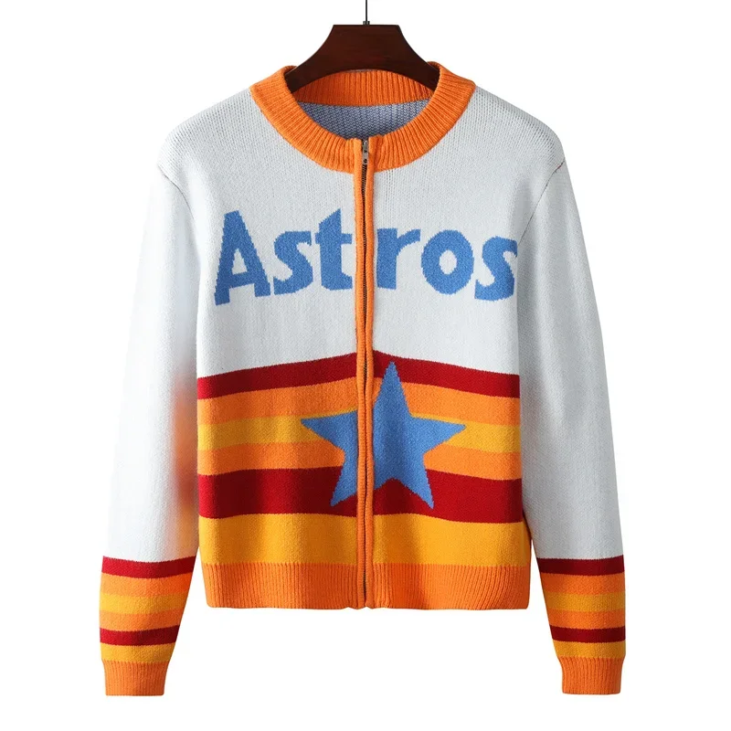 Jeseň a zima Nová pruhovaná patchwork farebný list Geometrické streetwear pletený kabát s dlhým rukávom voľné dámske sveterové bundy