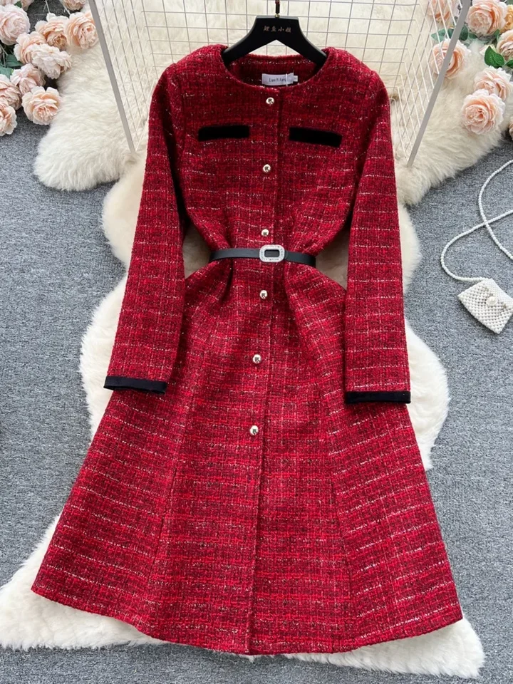 Jeseň a zima Nový luxusný štýl Víno Červené Tweed midi šaty Dámske elegantné okrúhle krk dlhé rukávy Jednopradové vlnené šaty