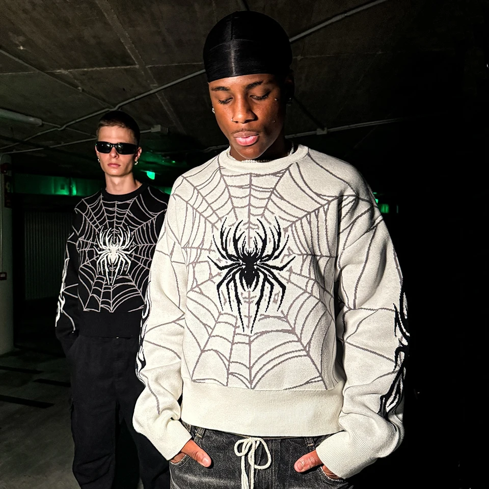 Jeseň a zima Nový pavúk webový vzor Jacquard Patter Pullover Sweater Príležitostný okrúhly krk pletený pulóver
