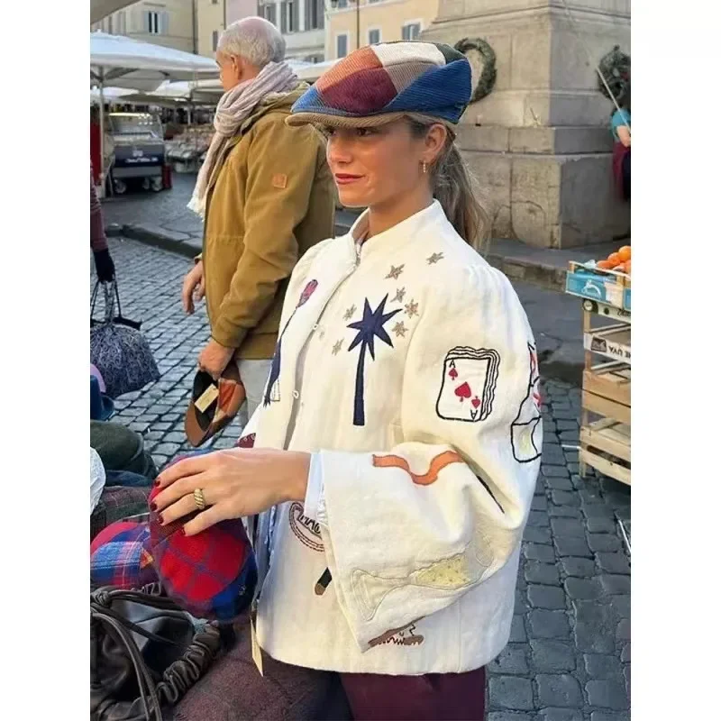 Jeseň a zima Nový štýl detský patchwork stojan na golier všestranný neformálny zvonček vyšívaný bunda pre ženy
