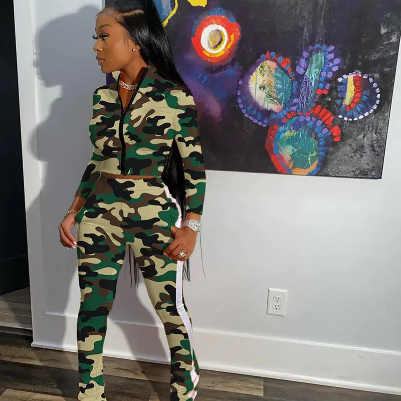 Jeseň Camouflage Streetwear Príležitostné 2 -kusové sety Ženy s dlhým rukávom Zips top a vreckové nohavice zodpovedajúce sady športových fitness outfits