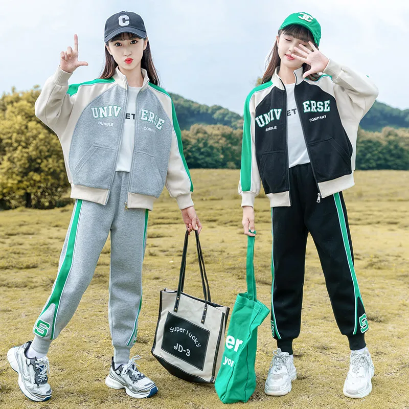 Jeseň Casy Girls Solid Color Módne písmeno Tlač športových detských súprav na zips