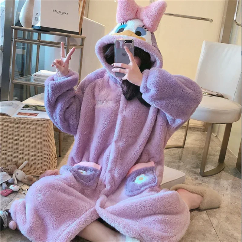Jeseň Coral Fleece Roupe for Women Winter Pary s kapucňou karikatúry pyžamy vonkajšie oblečenie Fleece lemované teplé domáce oblečenie