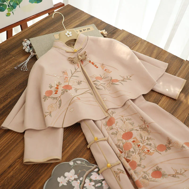 Jeseň Elegantné štíhle čínske tradičné šaty Ženy Hanfu s dlhým rukávom Qipao Shawl Dvojdielne set ženské Vestido Chino Cheongsams