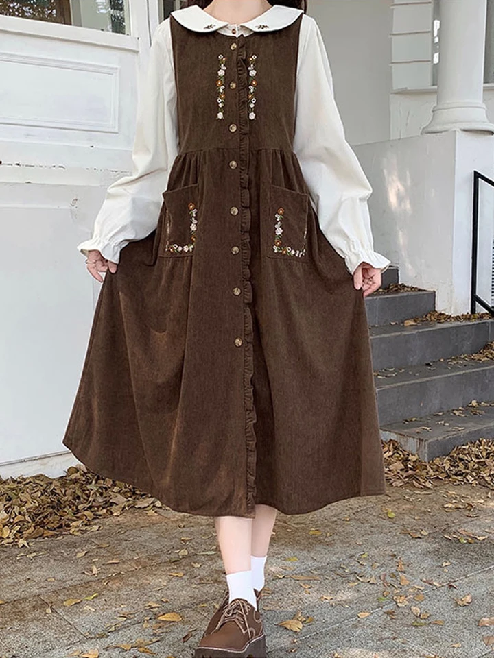 Jeseň francúzsky Peter Pan Collar vyšívaný Corduroy Sense College Style Forest Fairy Lady Dámske dlhé rukávy košele šaty