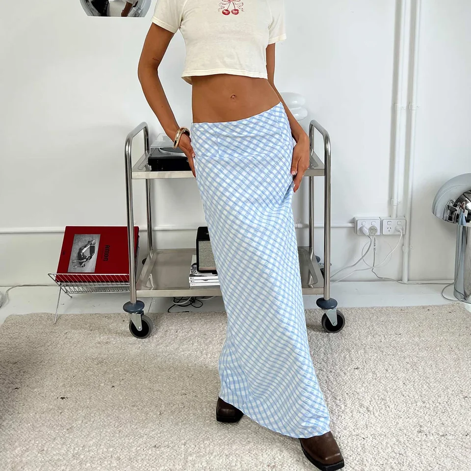 Jeseň High Avia Dlhá sukňa Dámska obloha Blue Slim Plaid Plaid Cencil Sukňa na cestovanie, pláž, nakupovanie