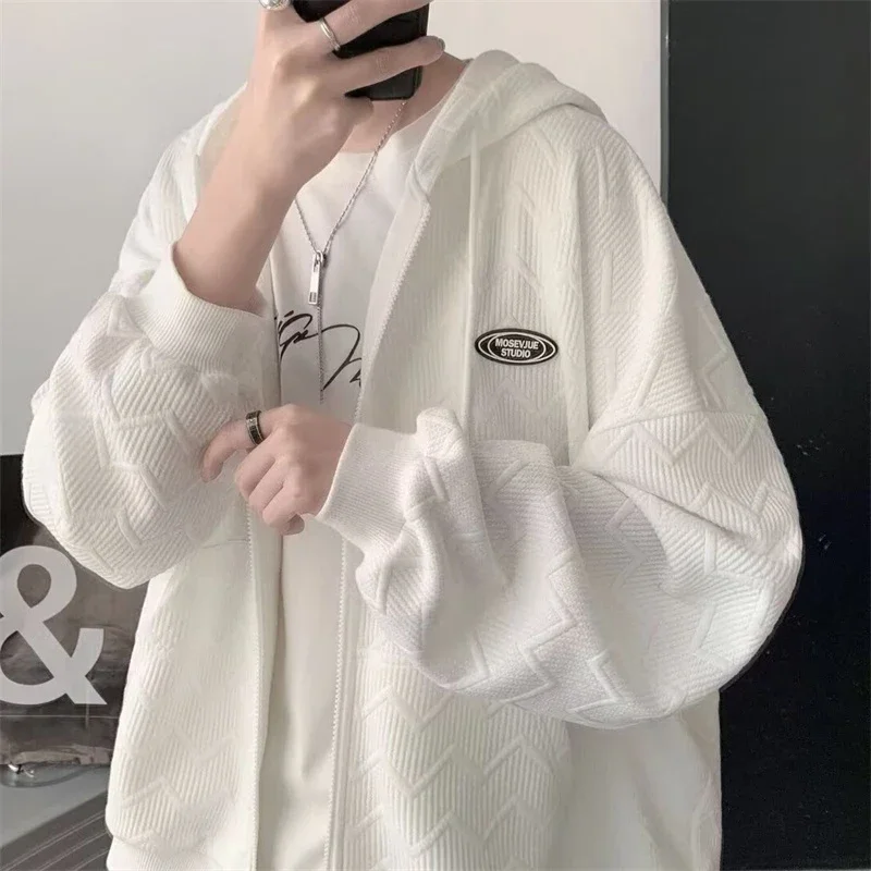 Jeseň Jacquard Zipper s kapucňou pre mužov Kórejská móda High Street Cardigan Casual Nadory nadmerne nadmerne nadrozmerná kapucňa bunda s kapucňou