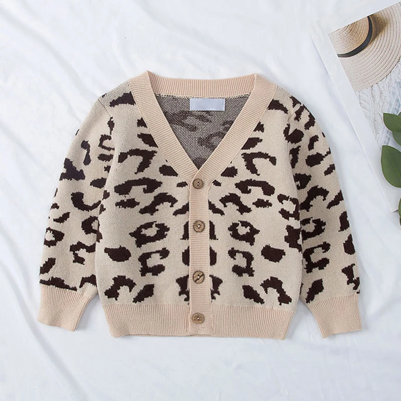 Jeseň Kids Boys Girls Dievčatá s dlhým rukávom v krku V-krk leopard tlače v kabáde Coat, dievčatko dievča, bunda, detský pletený kabát, kabát