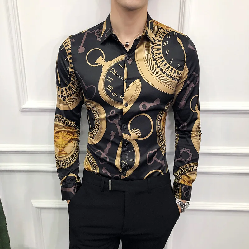 Jeseň Luxusné zlato tlačené neformálne košele Men módne večierok s dlhým rukávom Slim Fit Tuxedo Tirls Night Club Work Social Tirl