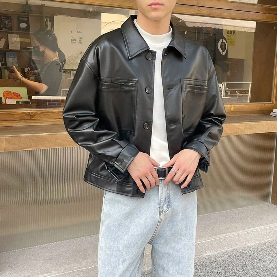 Jeseň Mens Fashion Y2K Kožená bunda Trend Trend masívne farebné klopanie Príležitostné krátke americké ulice Slim Motorcycle Kožená bunda muži