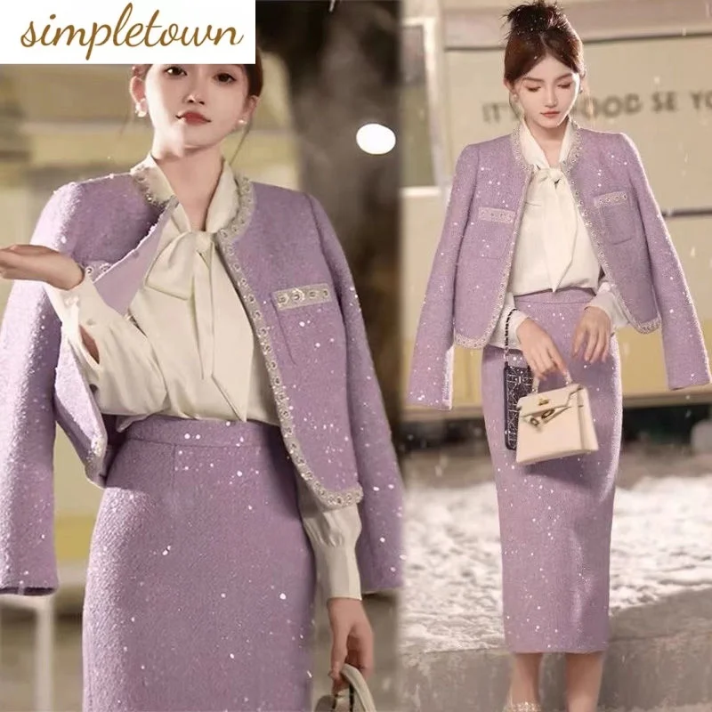 Jeseň New Taro Purple s dlhým rukávom pletená bunda sako Slim Fit Half sukňa dvojdielne set elegantná dámska kancelária