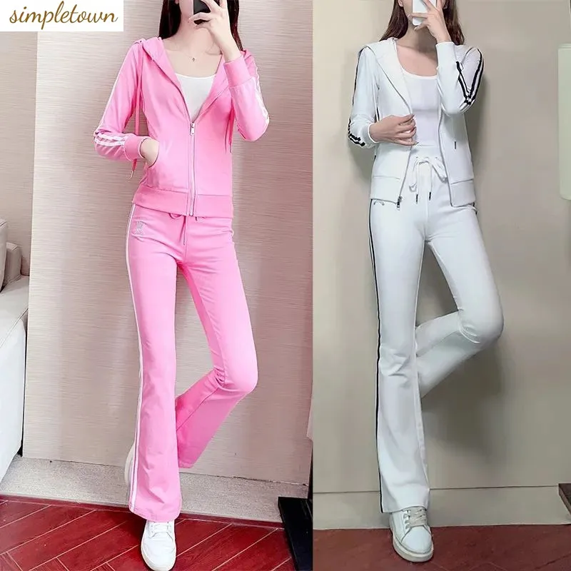 Jeseň Nová kórejská verzia Športový oblek Dámske módne Fit Fit Flired Pants Casy Hooded Mikina bunda Tri kusová súprava