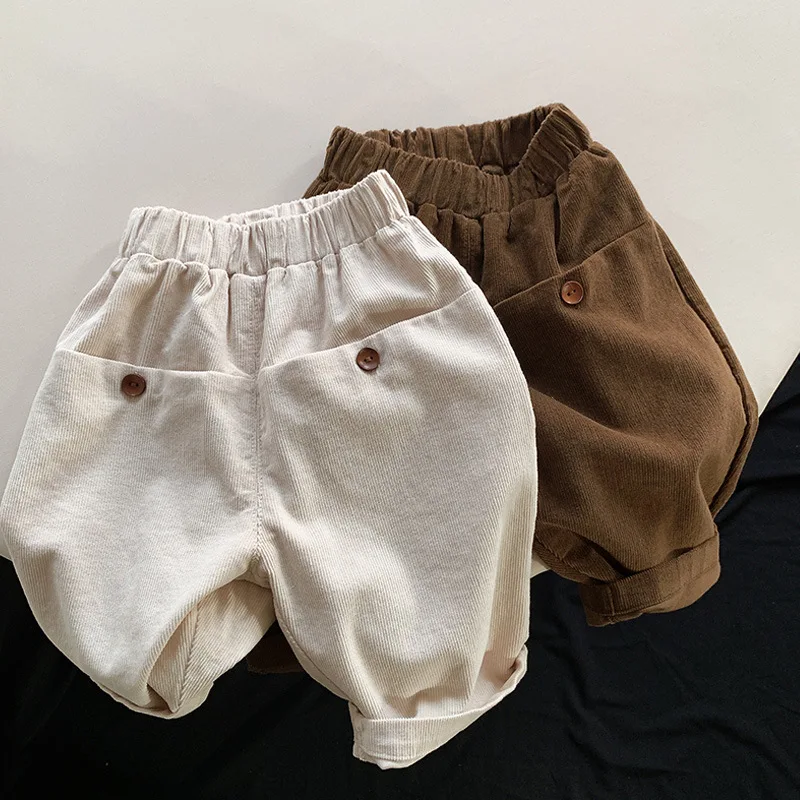 Jeseň Nové deti Corduroy Harem Pants Solidy Dievčatá voľné nohavice módne chlapci batoľa bavlnené neformálne nohavice detské oblečenie