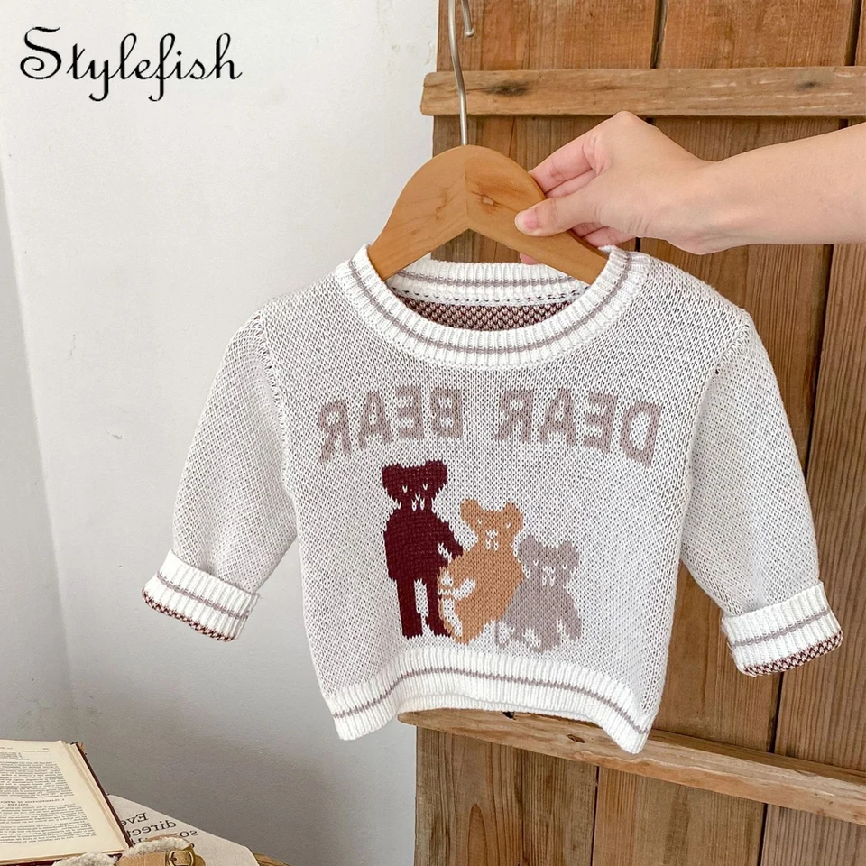 Jeseň nový štýl 0-3 roky staré detské oblečenie, chlapče, dievčatko Bear Jacquard Dlhý rukáv, pletená top