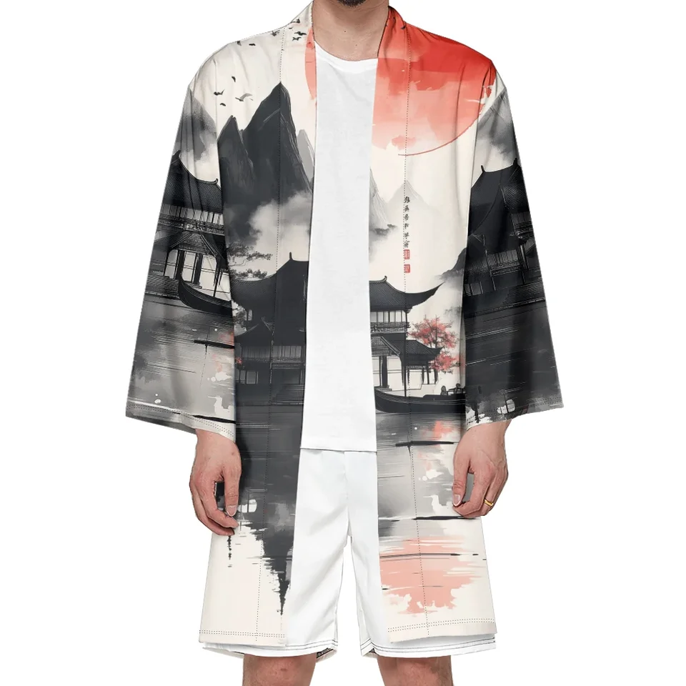 Jeseň Samurai kimono unisex japonský módny móda dlhý kimono cosplay cosplay cardigan štýlový haori kimonos krajinný tlače rúž Yukata