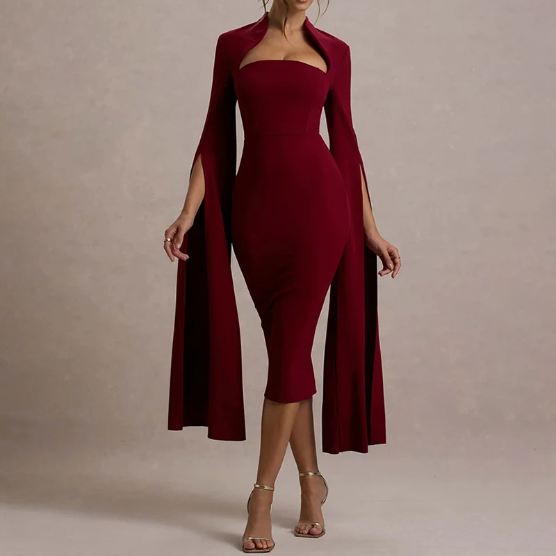 Jeseň Sexy Dutlow Out s dlhým rukávom Slim A-line šaty Elegantné večerné šaty Dámske štvorcové krk pás Solid farebne obaly bedrové šaty