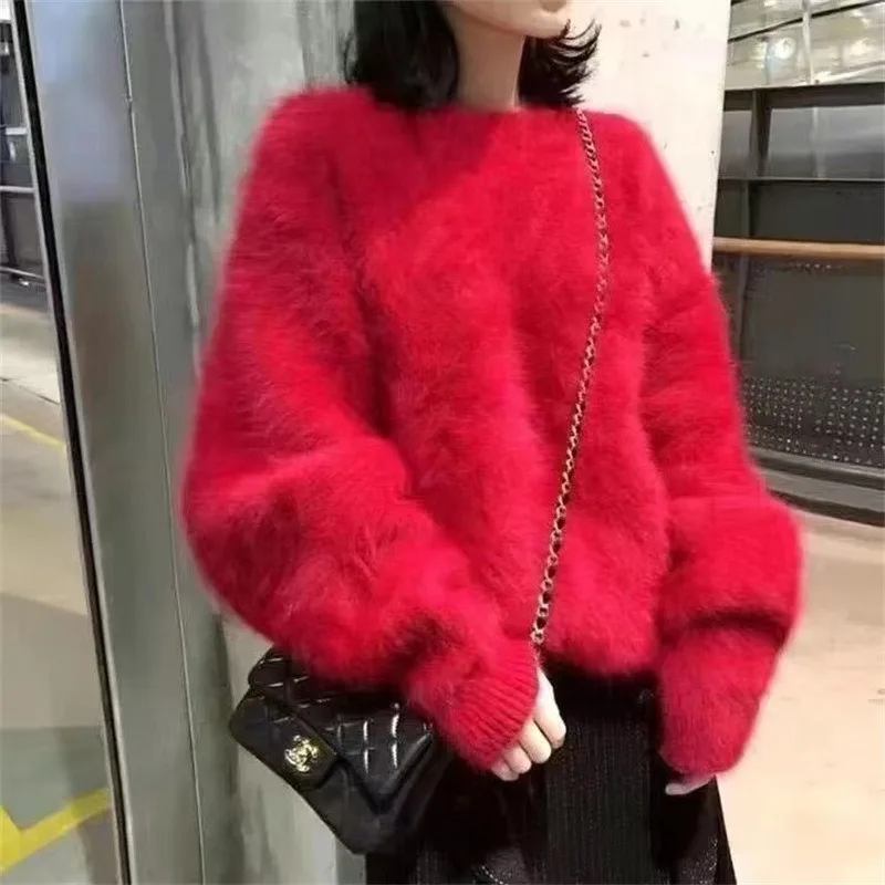 Jeseň Solid Mohair Sweater Cashmere Ženy Rose červená modrá móda zimná vlna plyšový zamatový hustý pullover pletelové pletené vrcholy Žena