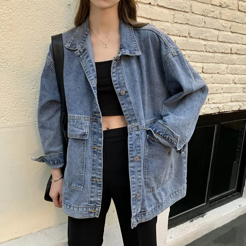 Jeseň Trendy Loose Women Denim bundy klasické single Breyed Big Pocket BF v štýle Vintage Jean Coat Pretive