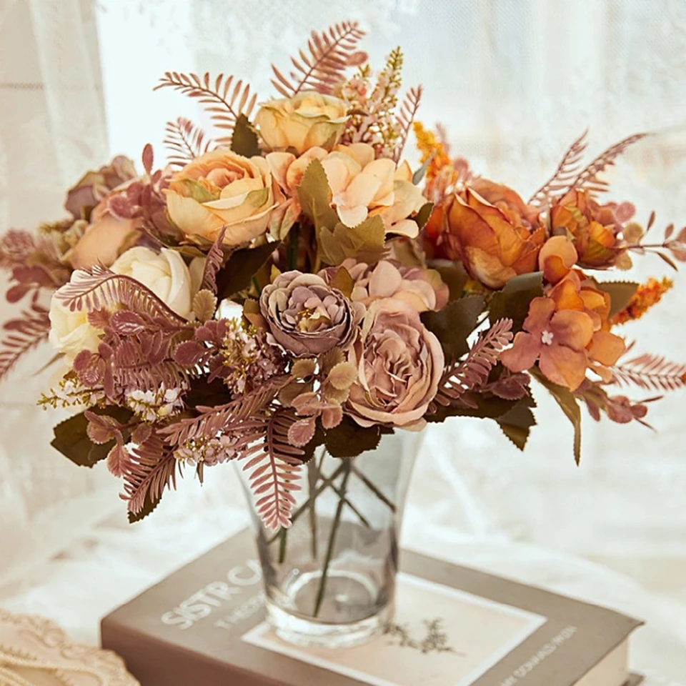 Jeseň umelé pivonky kvety nevesta hodvábna ružová kytica DIY svadobná záhrada dekorácie Doplnky hydrangea falošná rastlina