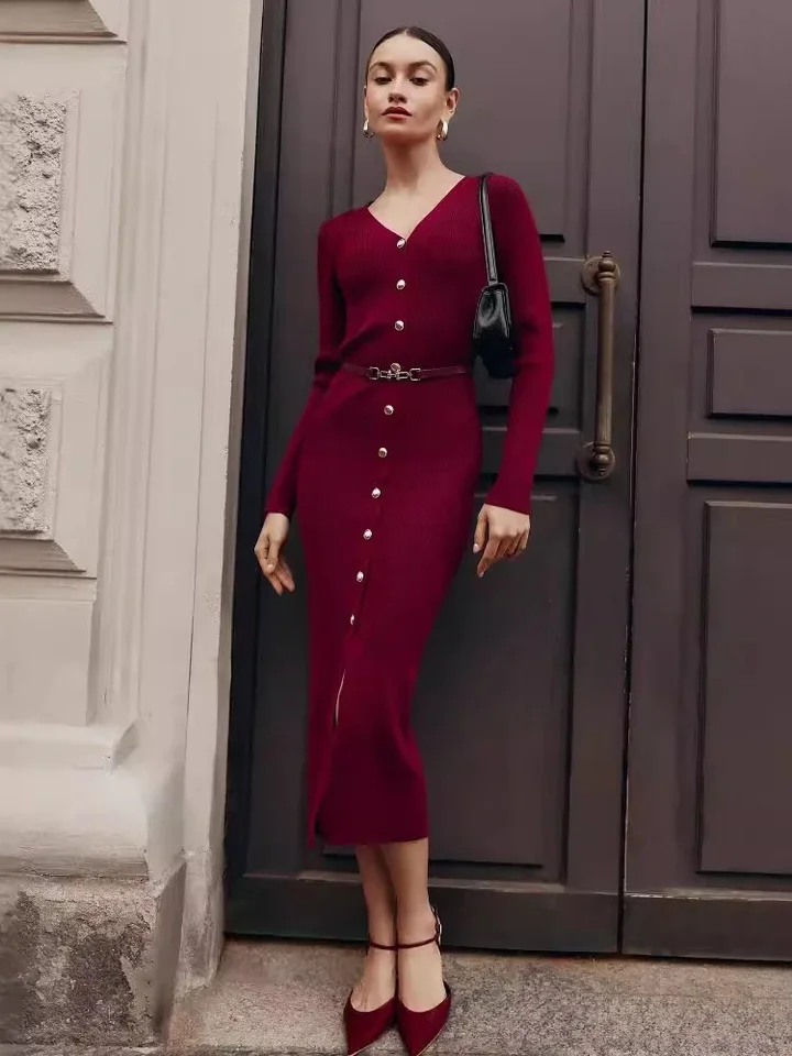 Jeseň V-krk pletené dlhé šaty pre ženy rebrované patchwork Cardigan Slim Elegant Party Dress Female pletené šaty maxi šaty 2024