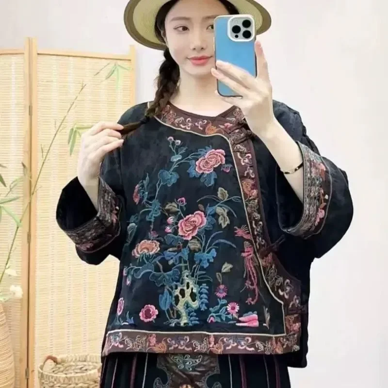 Jeseň Vintage satén Jacquard vyšíva s dlhým rukávom Tang Top Chiness Clothes pre ženy etnický štýl ležérna voľná košeľa
