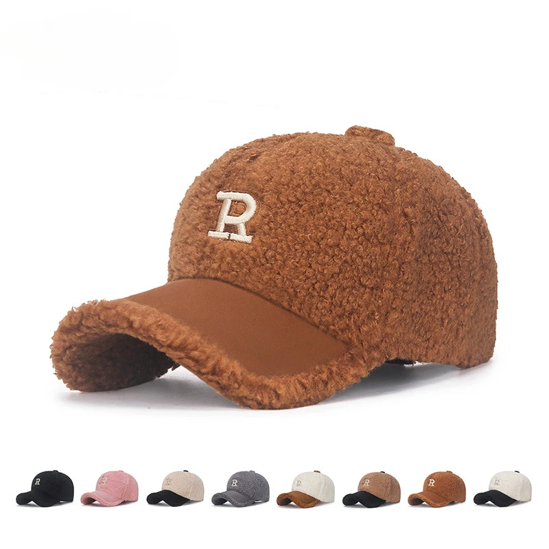 Jeseň Winter Cap Men Letter výšivka baseballová čiapka Ženy biele hnedé lambswool baseball klobúky pre ženy teplé plyšové trucker klobúky